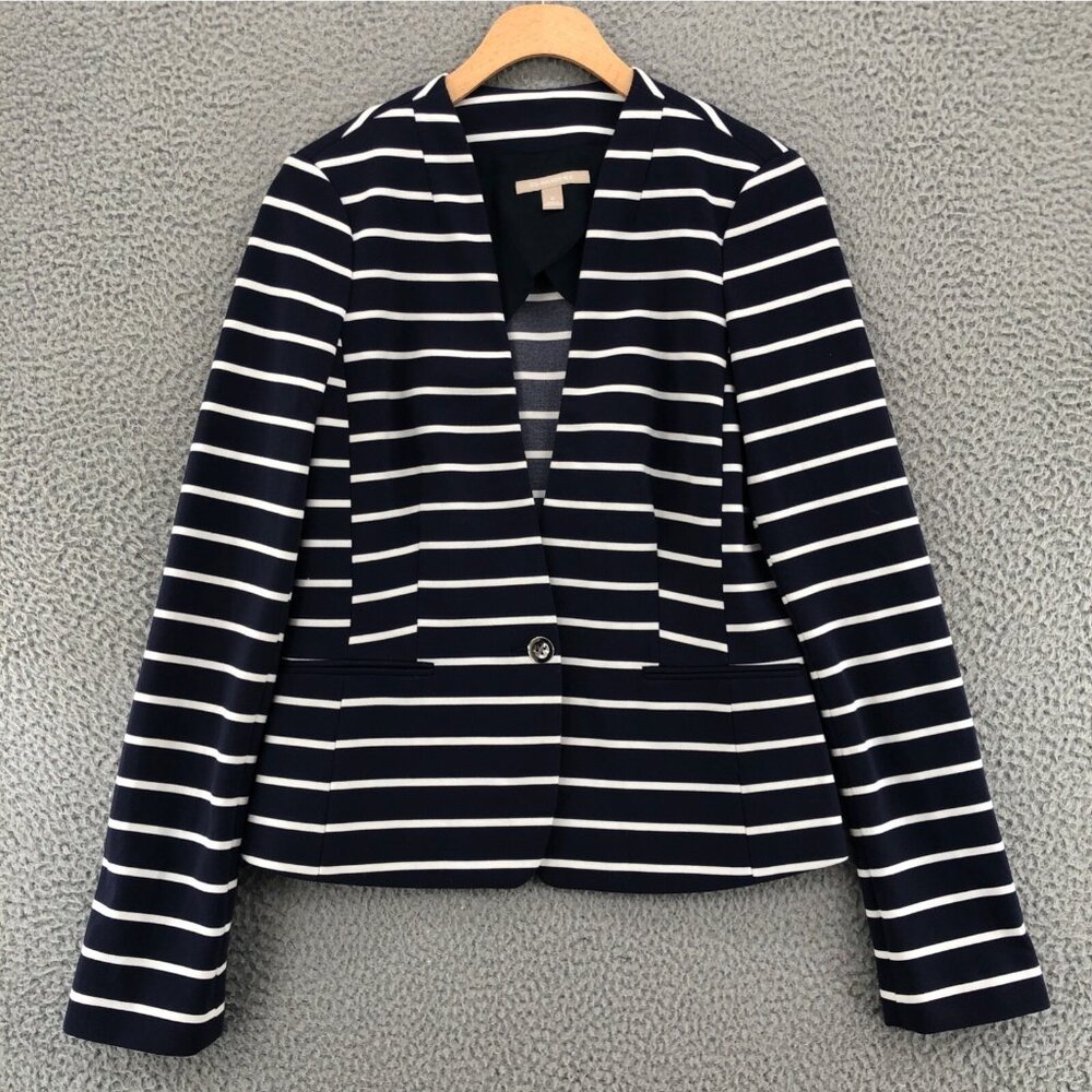 Banana Republic Blazer Womens 6 Navy Striped Ponte Button Stretch Office Career
